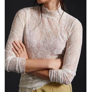 By Anthropologie Ivory Cream Sheer Floral Lace Layering Lettuce Hem Turtleneck